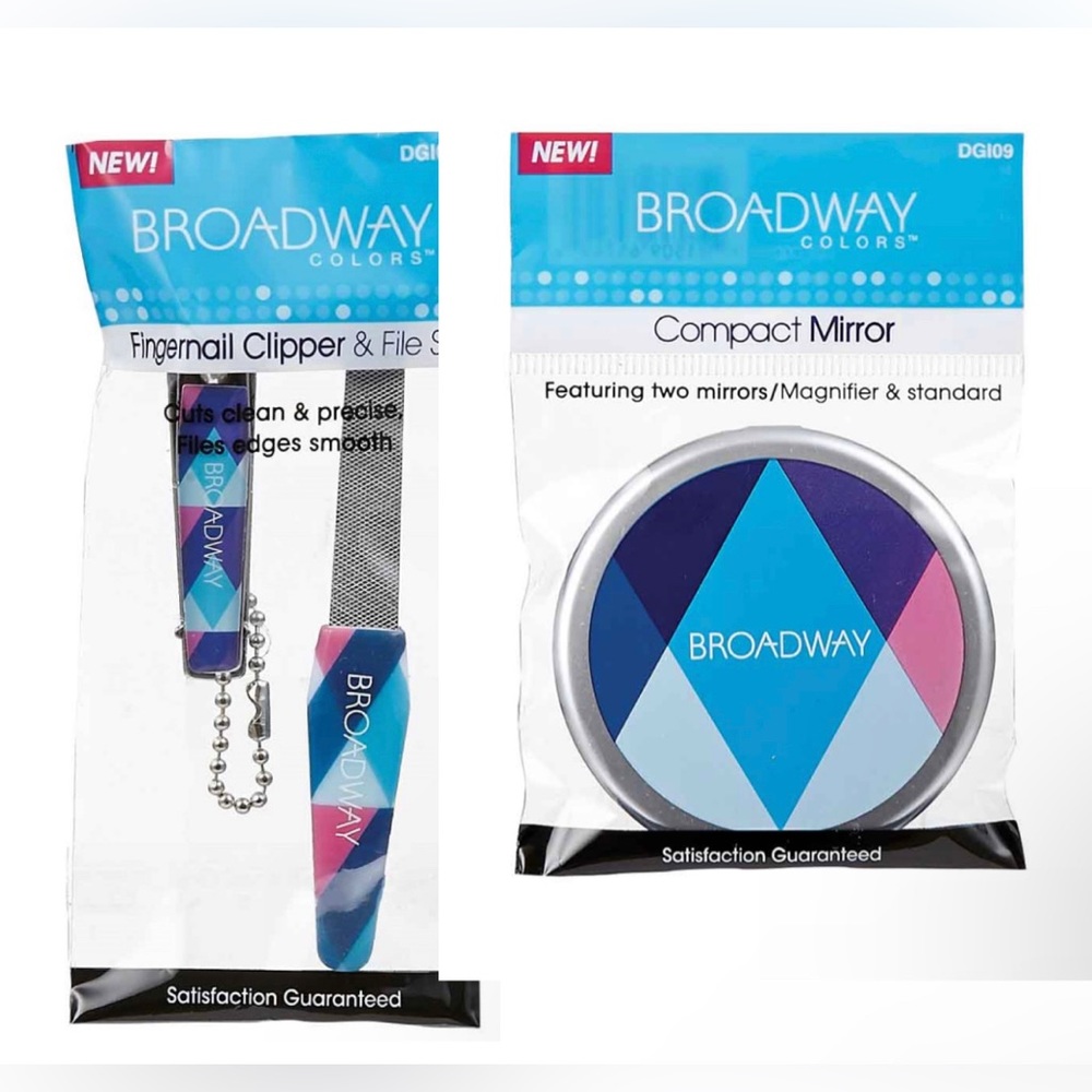 NEW 3pc Broadway Toe Nail Clipper File & Compact Mirror w/ Magnifier Set Bundle